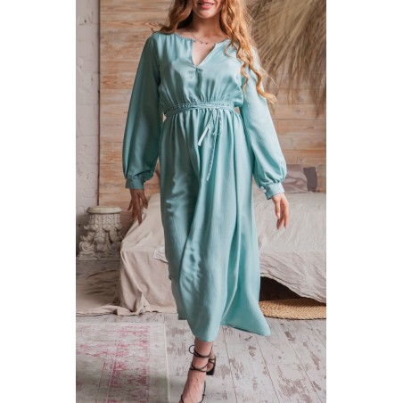 Mint green long skirt with small V-shaped opening