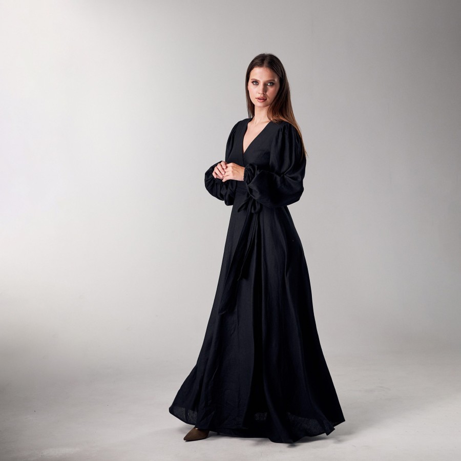 Black wrap-around long skirt with lantern sleeves