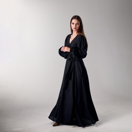 Black wrap-around long skirt with lantern sleeves