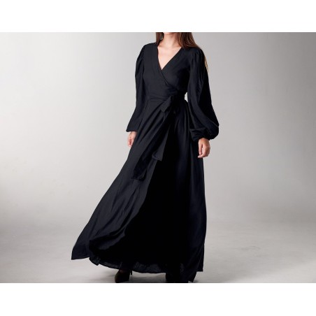 Black wrap-around long skirt with lantern sleeves