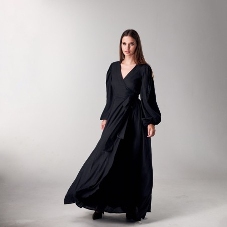 Black wrap-around long skirt with lantern sleeves