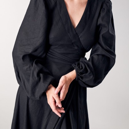 Black wrap-around long skirt with lantern sleeves