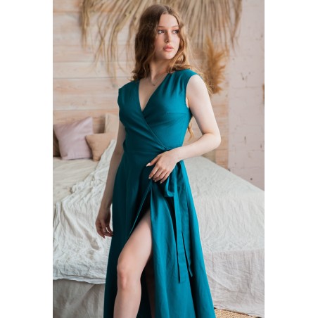 Peacock Blue Deep V-Neck Lace-Up Long Dress
