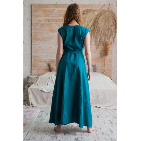 Peacock Blue Deep V-Neck Lace-Up Long Dress