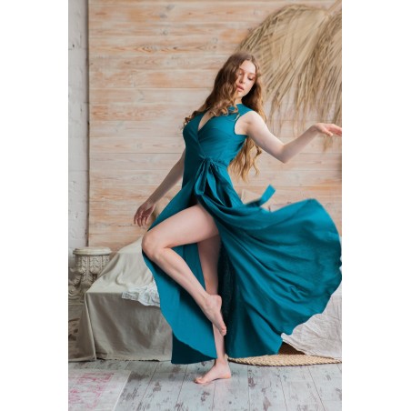 Peacock Blue Deep V-Neck Lace-Up Long Dress