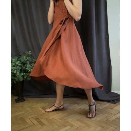 Caramel Linen Wrap-Sleeve Long Dress
