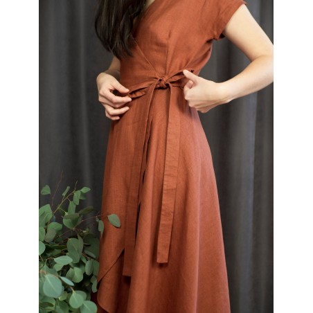 Caramel Linen Wrap-Sleeve Long Dress