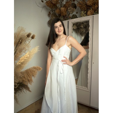 Simple white linen suspender dress