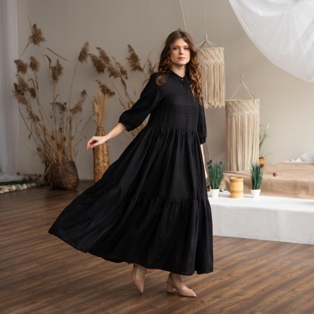 Black single-breasted linen long skirt