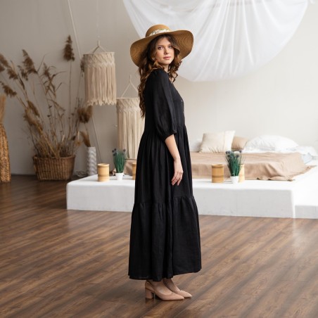 Black single-breasted linen long skirt