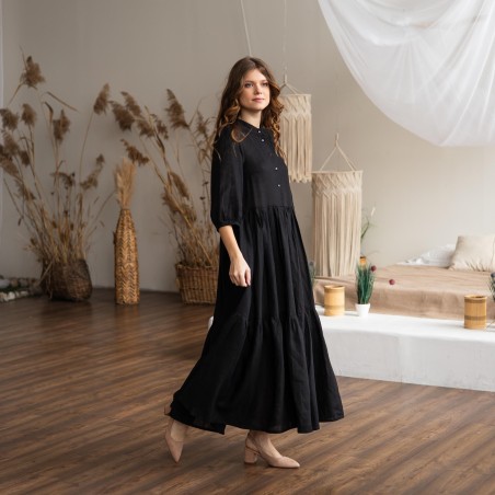 Black single-breasted linen long skirt