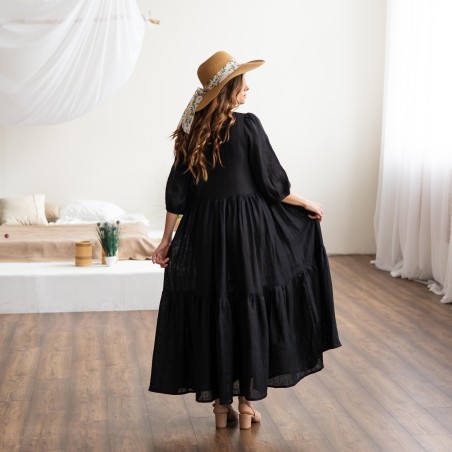 Black single-breasted linen long skirt