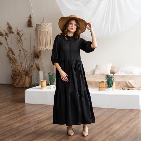Black single-breasted linen long skirt