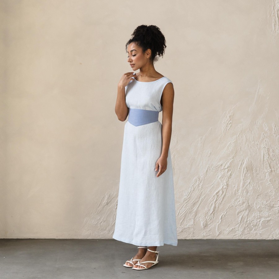 Light blue wide waist tie long skirt