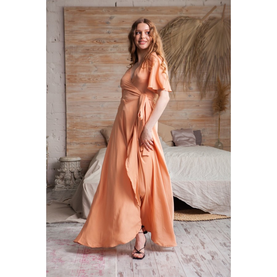 Light orange silk chiffon short-sleeved long skirt