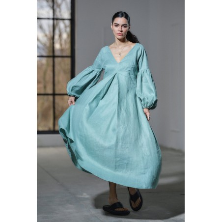 Light green deep V-neck with lantern sleeves