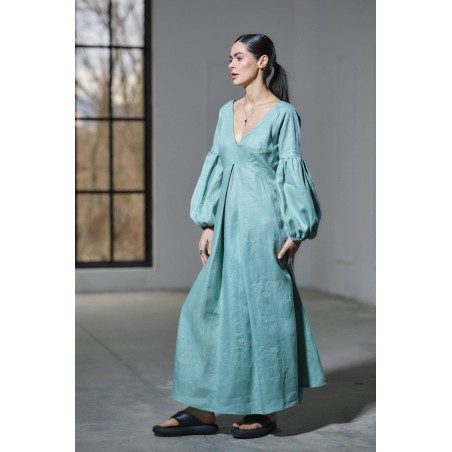 Light green deep V-neck with lantern sleeves