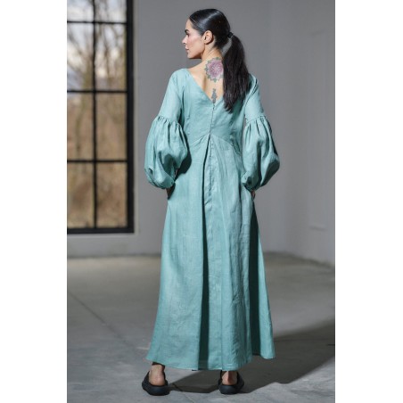 Light green deep V-neck with lantern sleeves