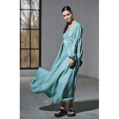 Light green deep V-neck with lantern sleeves