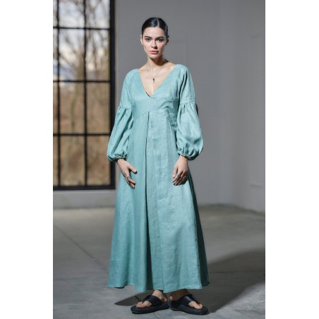 Light green deep V-neck with lantern sleeves
