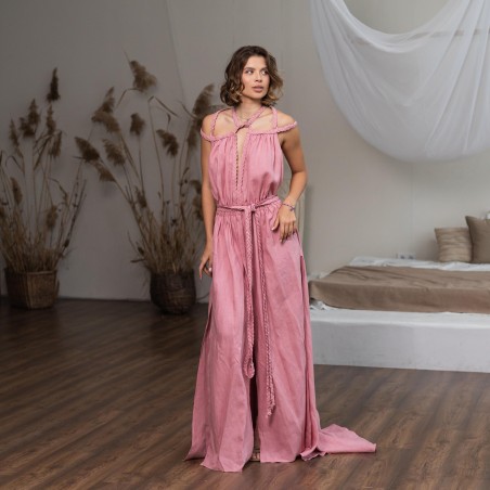 Pink halter neck open back slit long skirt