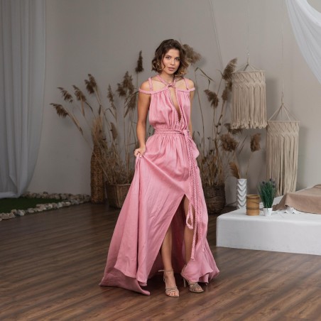 Pink halter neck open back slit long skirt