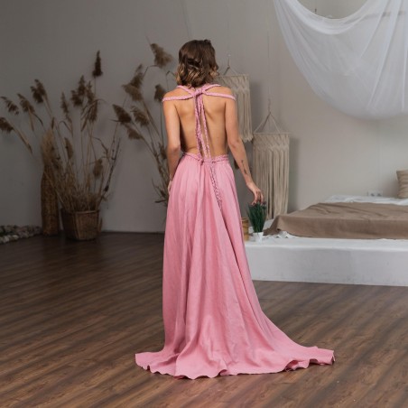 Pink halter neck open back slit long skirt