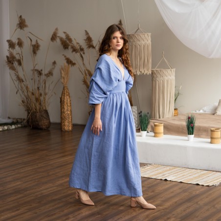 Blue Deep V Neck Lantern Sleeve Long Dress