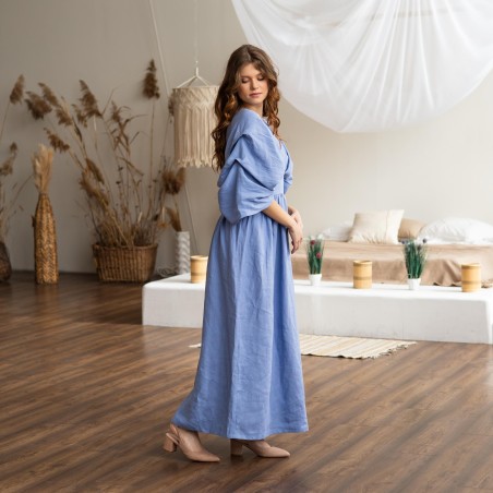 Blue Deep V Neck Lantern Sleeve Long Dress