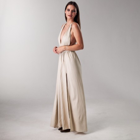 Light beige deep V-neck high-slit long skirt