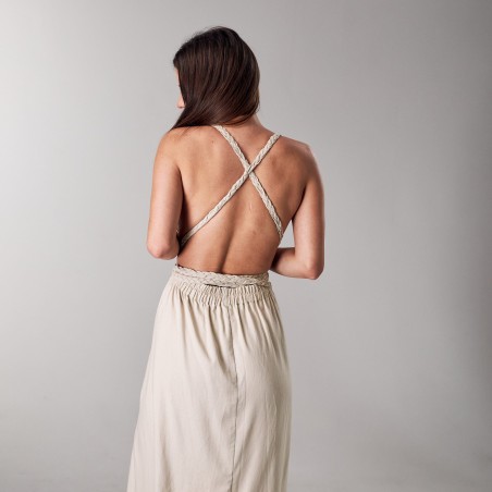 Light beige deep V-neck high-slit long skirt