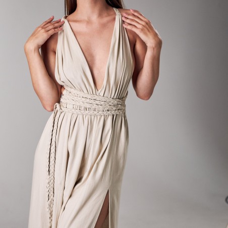 Light beige deep V-neck high-slit long skirt