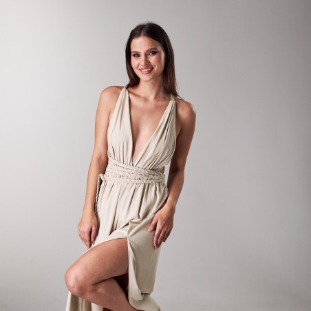 Light beige deep V-neck high-slit long skirt