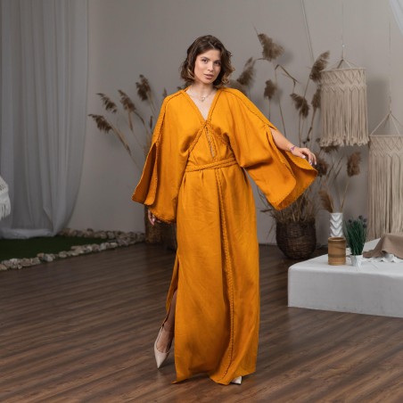 Yellow Lace-Up Robe Dress