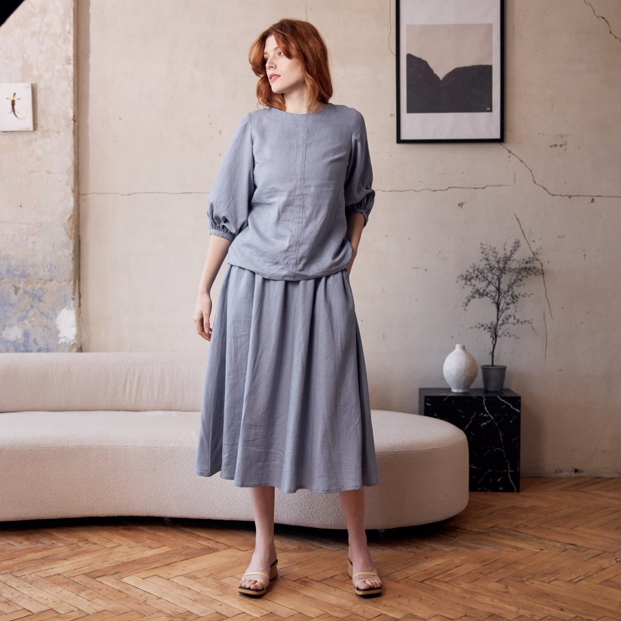 Light grey linen lantern sleeve suit skirt