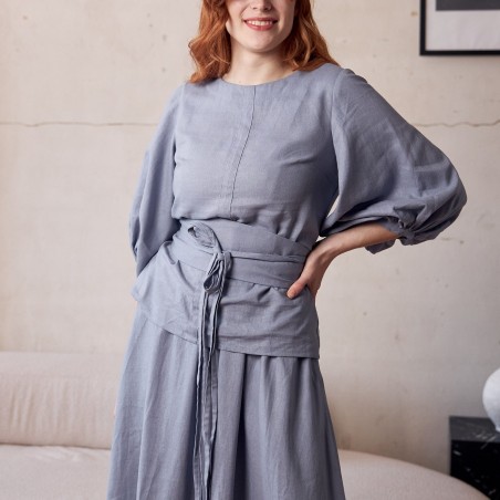 Light grey linen lantern sleeve suit skirt