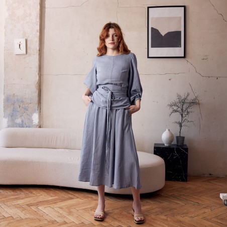 Light grey linen lantern sleeve suit skirt