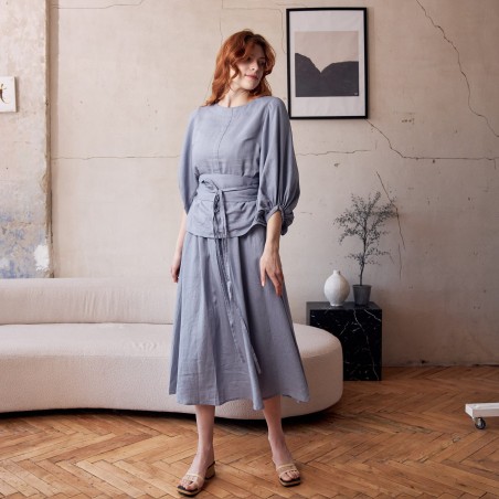 Light grey linen lantern sleeve suit skirt