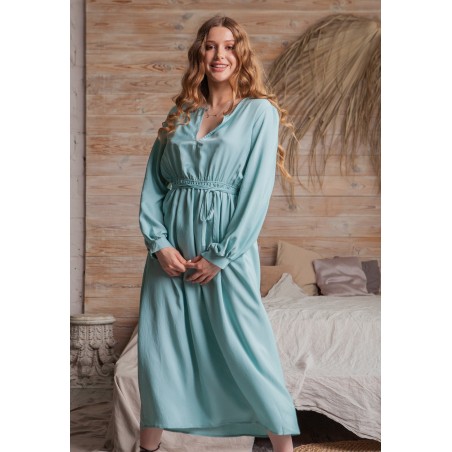 Mint green long skirt with small V-shaped opening